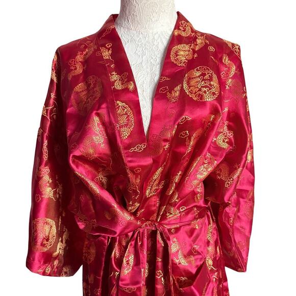 Kimono Style Robe Red Gold Dragon All Over Print Long Silk (?)Lounge Asian L - Picture 5 of 13